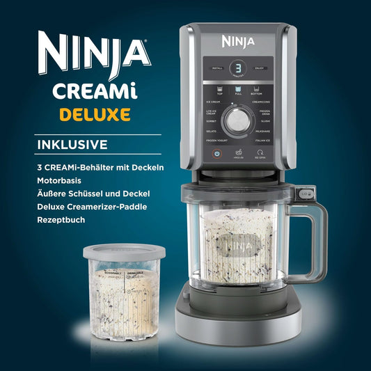 Shark CREAMi Deluxe Eismaschine NC501EU – 10 Funktionen für Eis, Sorbet, Milkshake & Frozen Drinks – 3 Behälter à 709 ml, 800 Watt, Silber
