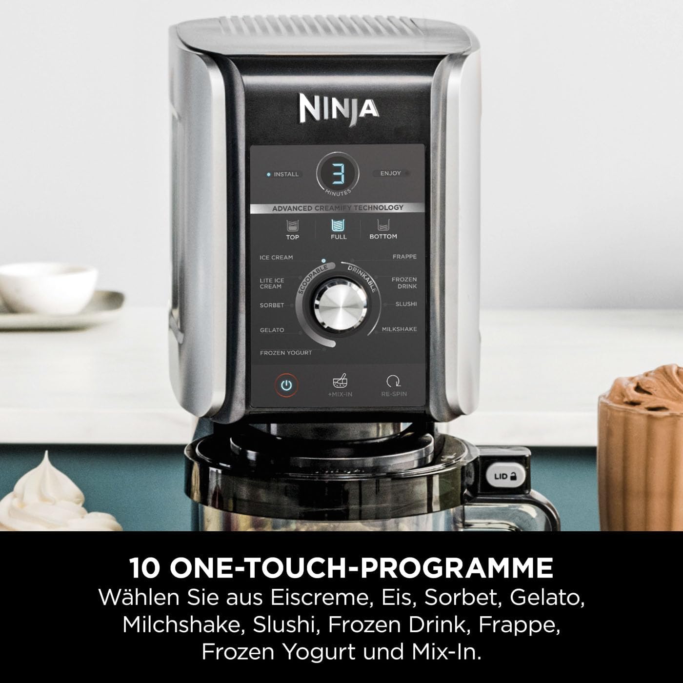Shark CREAMi Deluxe Eismaschine NC501EU – 10 Funktionen für Eis, Sorbet, Milkshake & Frozen Drinks – 3 Behälter à 709 ml, 800 Watt, Silber