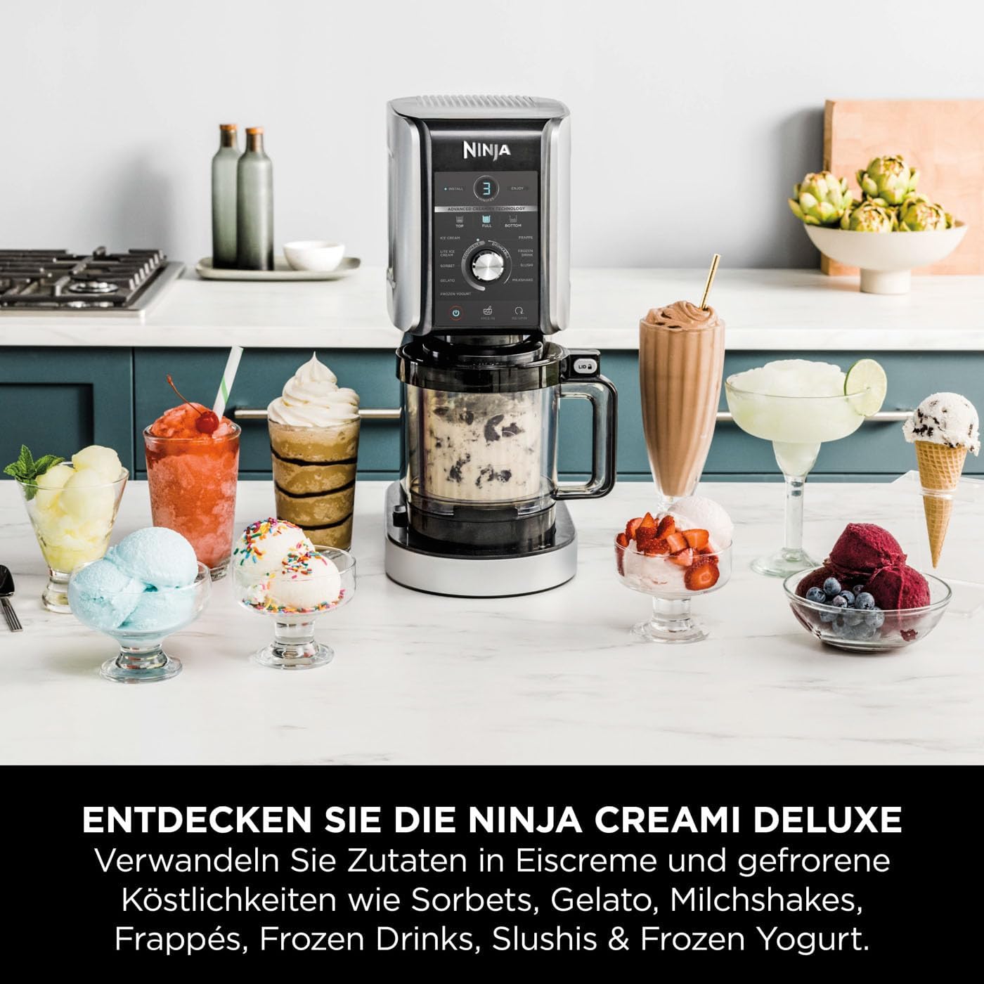 Shark CREAMi Deluxe Eismaschine NC501EU – 10 Funktionen für Eis, Sorbet, Milkshake & Frozen Drinks – 3 Behälter à 709 ml, 800 Watt, Silber