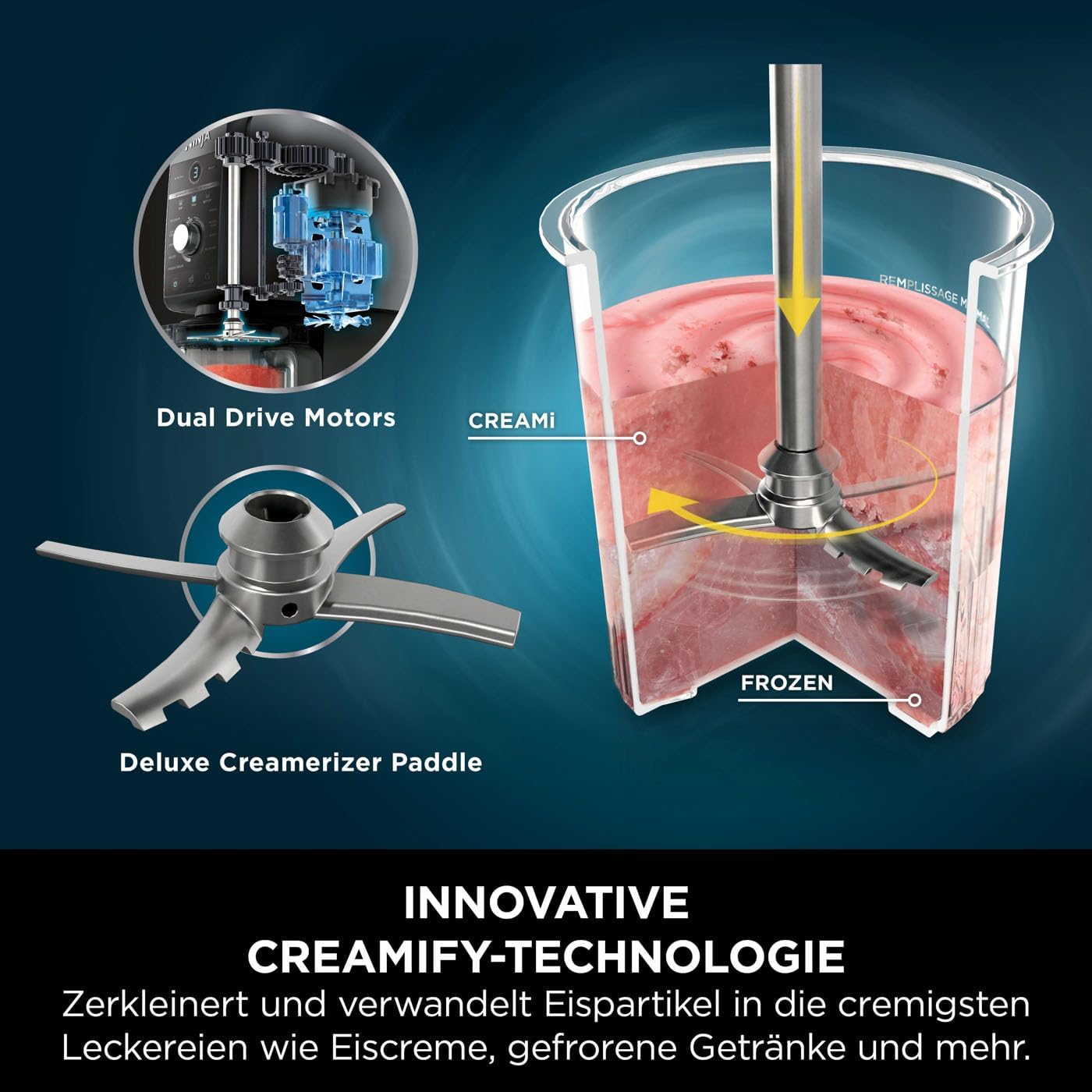 Shark CREAMi Deluxe Eismaschine NC501EU – 10 Funktionen für Eis, Sorbet, Milkshake & Frozen Drinks – 3 Behälter à 709 ml, 800 Watt, Silber