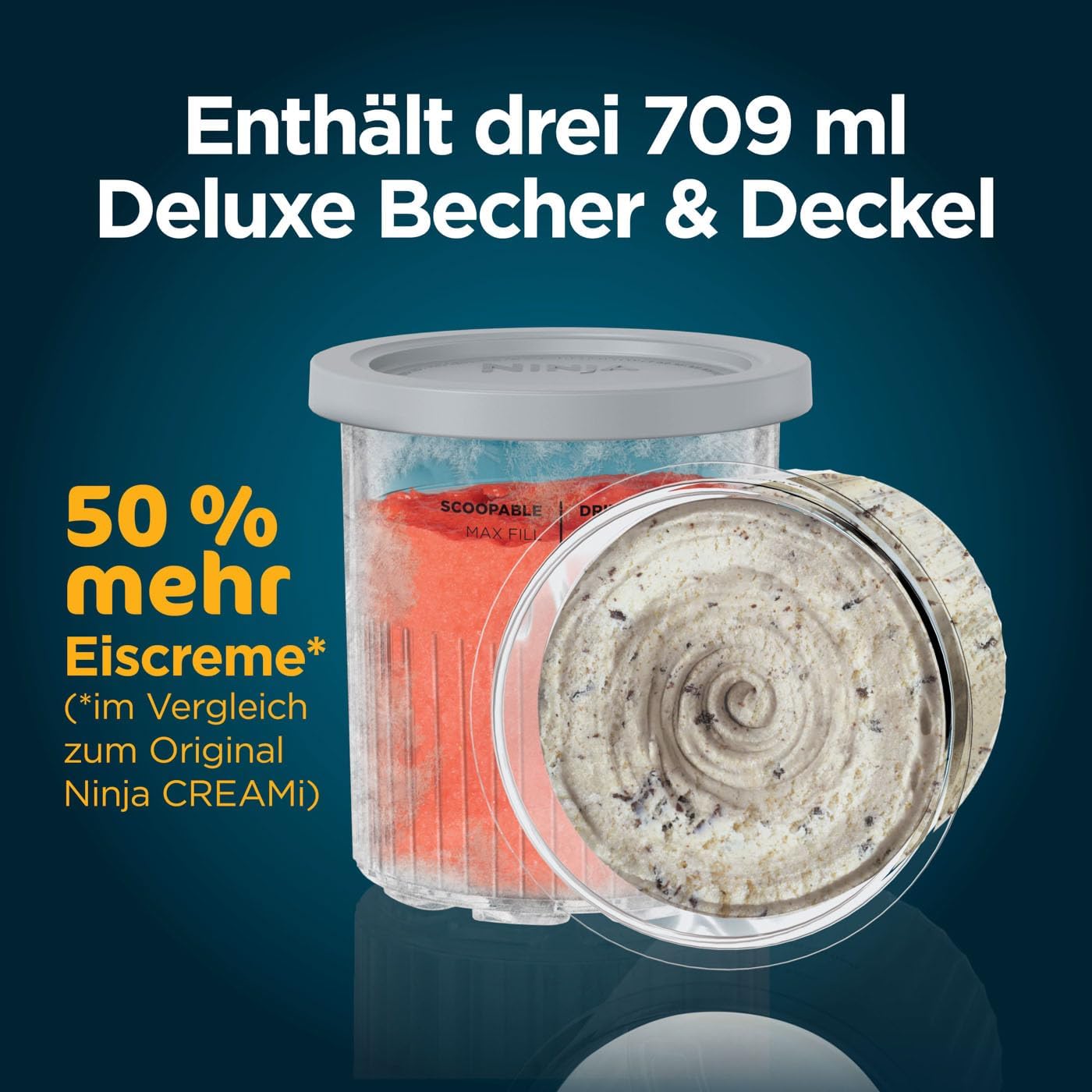 Shark CREAMi Deluxe Eismaschine NC501EU – 10 Funktionen für Eis, Sorbet, Milkshake & Frozen Drinks – 3 Behälter à 709 ml, 800 Watt, Silber