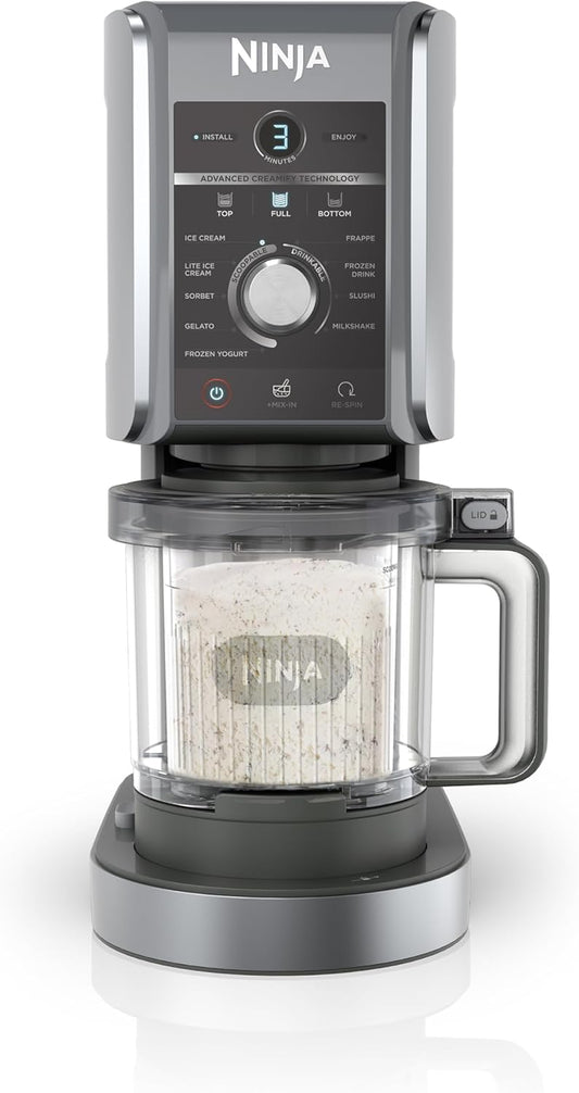 Shark CREAMi Deluxe Eismaschine NC501EU – 10 Funktionen für Eis, Sorbet, Milkshake & Frozen Drinks – 3 Behälter à 709 ml, 800 Watt, Silber